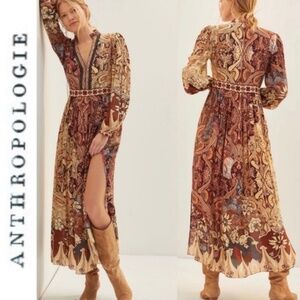 Anthropologie Bhanuni by Jyoti Abstract Print Boho Beaded V Neck Dress Size 6